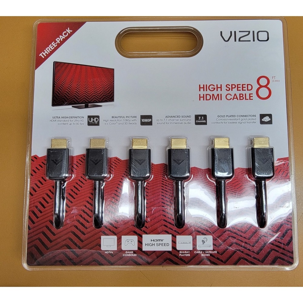 NEW VIZIO 3 PACK 8 FEET HDMI CABLES GOLD PLATED CONNECTION ULTRA HIGH DEF SPEED